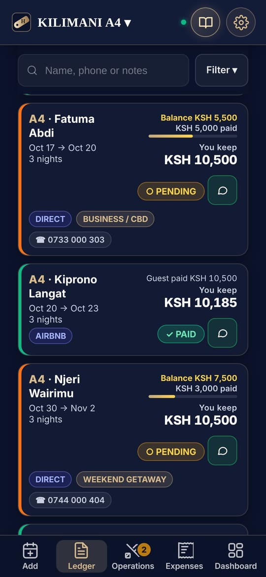 HostTab ledger: bookings with what each guest has paid and the balance still owed.