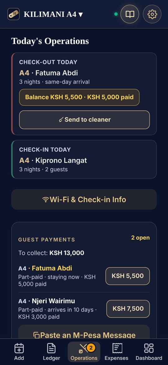 HostTab operations: today's check-out and check-in, the send-to-cleaner button and guest payments to collect.
